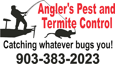 Company logo with a fisherman on a boat catching a rat with the company name "Angler's Pest and Termite Control" on red. Underneath in black it says "Catching whatever bugs you!" along with the company number "(903) 522-4544"
